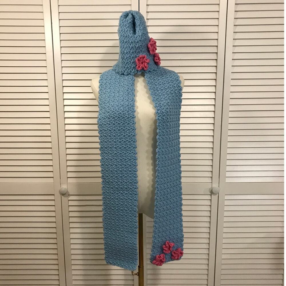 NWT Crochet Boho Cottage Light Blue Beanie Scarf 70” Textured Winter Set